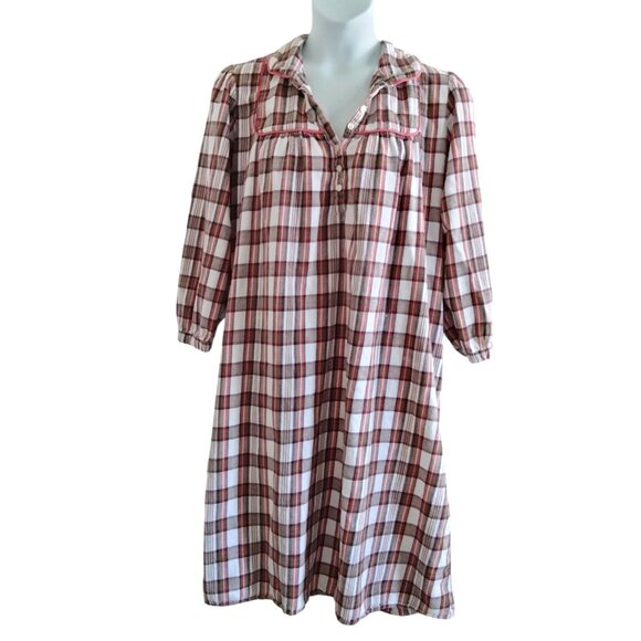 Classic Elements Woman Size 1X Nightgown Plaid Flannel Button Front Red White - Picture 2 of 11